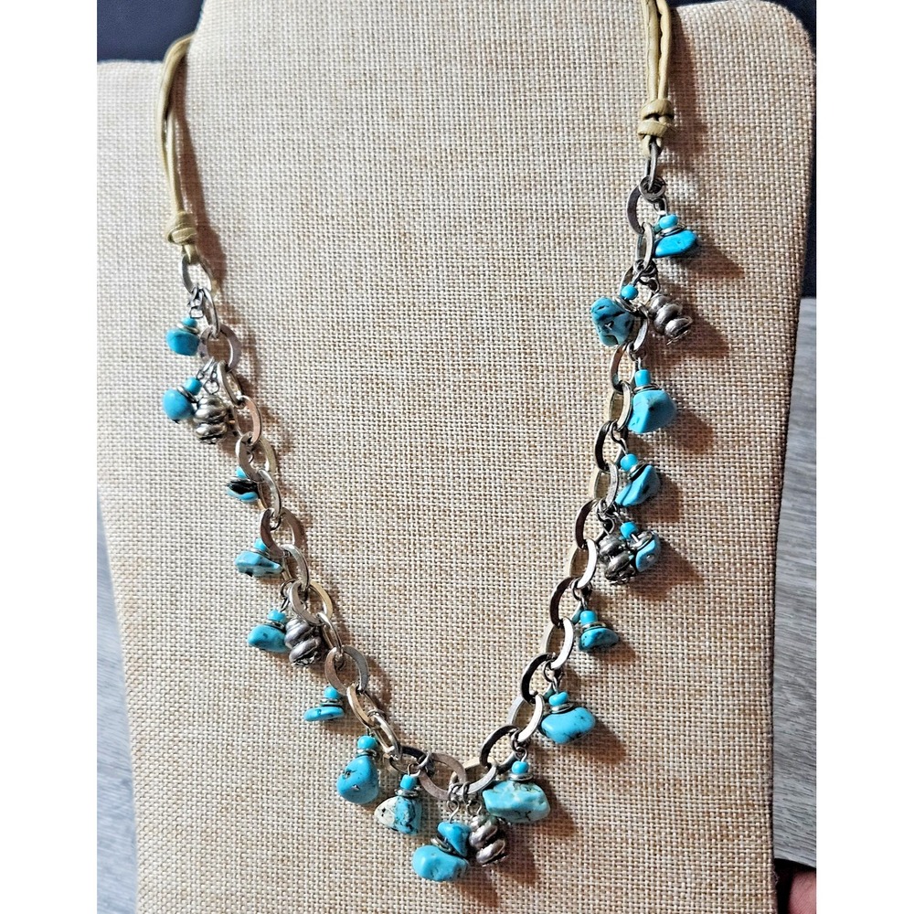 Vintage Turquoise Colored Bead Statement Necklace silver tone leather beige